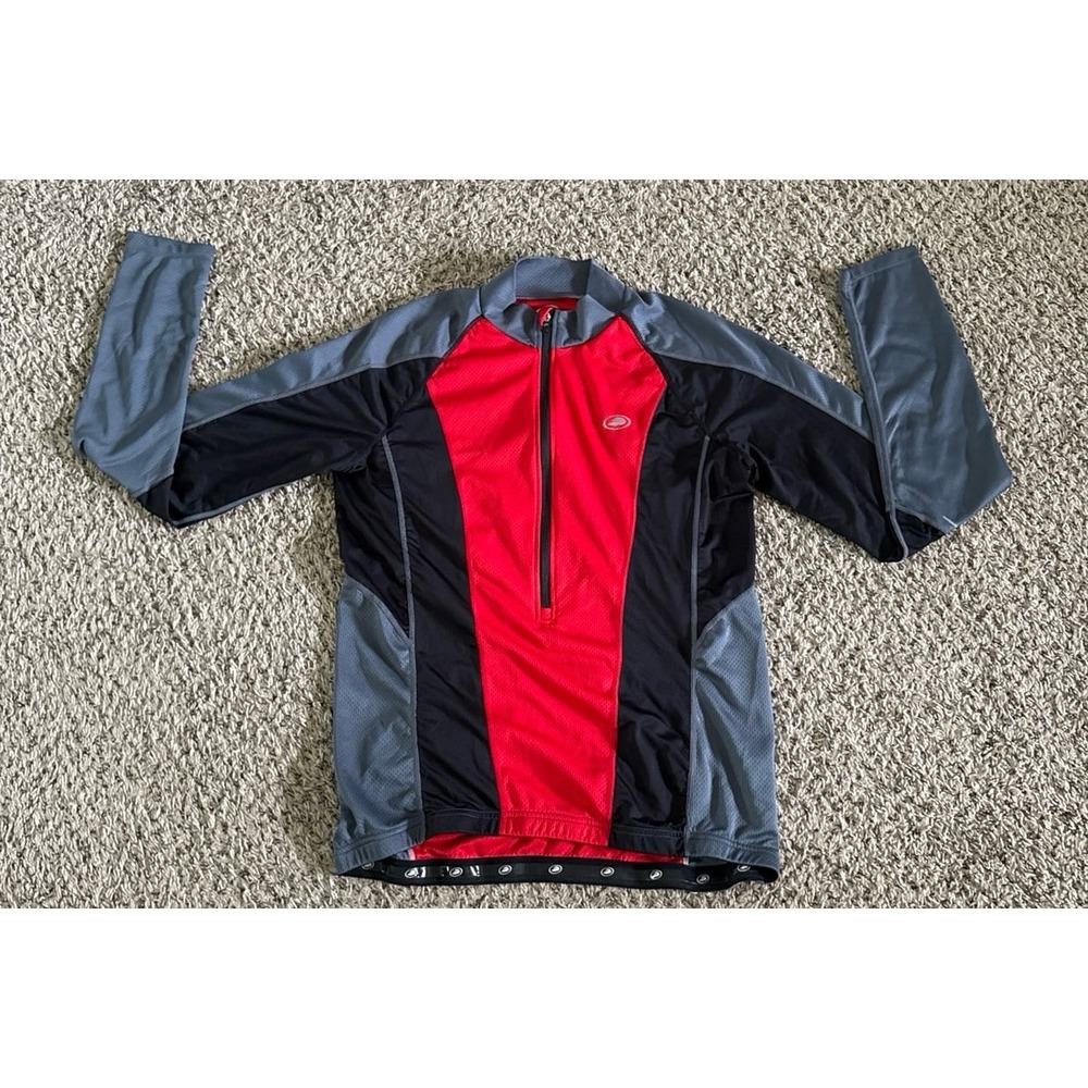 Performance Cycling Jersey Mens‎ Red Gray Long Sleeve 1/4 Zip Pockets Size Large